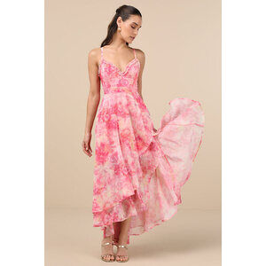 Lulus Desdra Pink Floral Ruffled Tiered High-low Maxi Dress - Size S